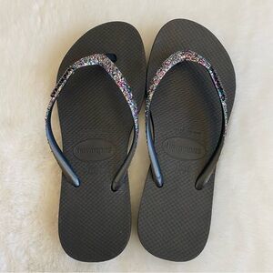 Havaianas Black Flip Flops Multicolor Glitter Straps | Sz 37-38
